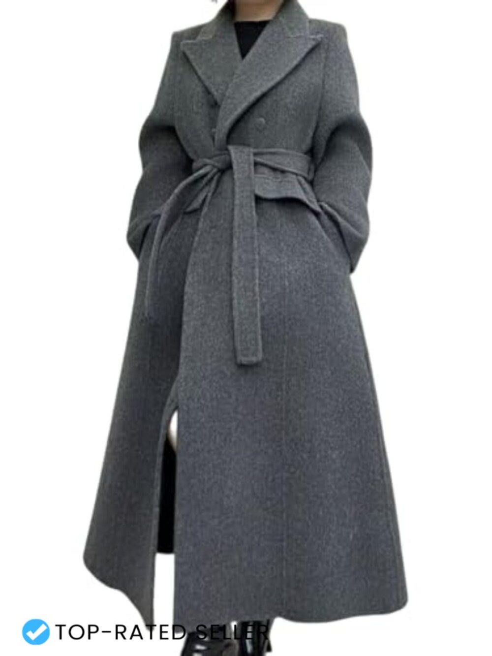 Wool Blend Long Pea Coat Double Breasted Trench Belted Winter